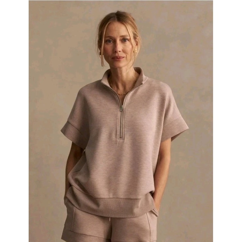 Varley Ritchie Short Sleeve Sweat Top Womens M Taupe Marl Half Zip Quiet Luxury